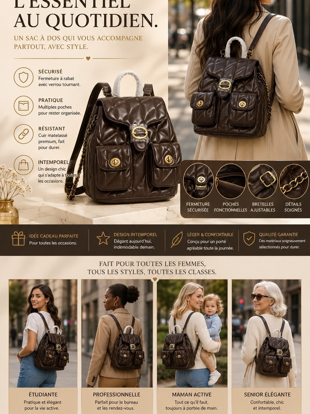 Quilted Brown Leather Backpack - Classic Women's Bag